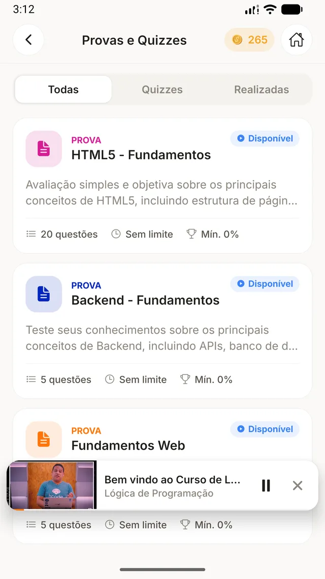 Mini player do app Hcode Class enquanto o aluno navega pelas provas